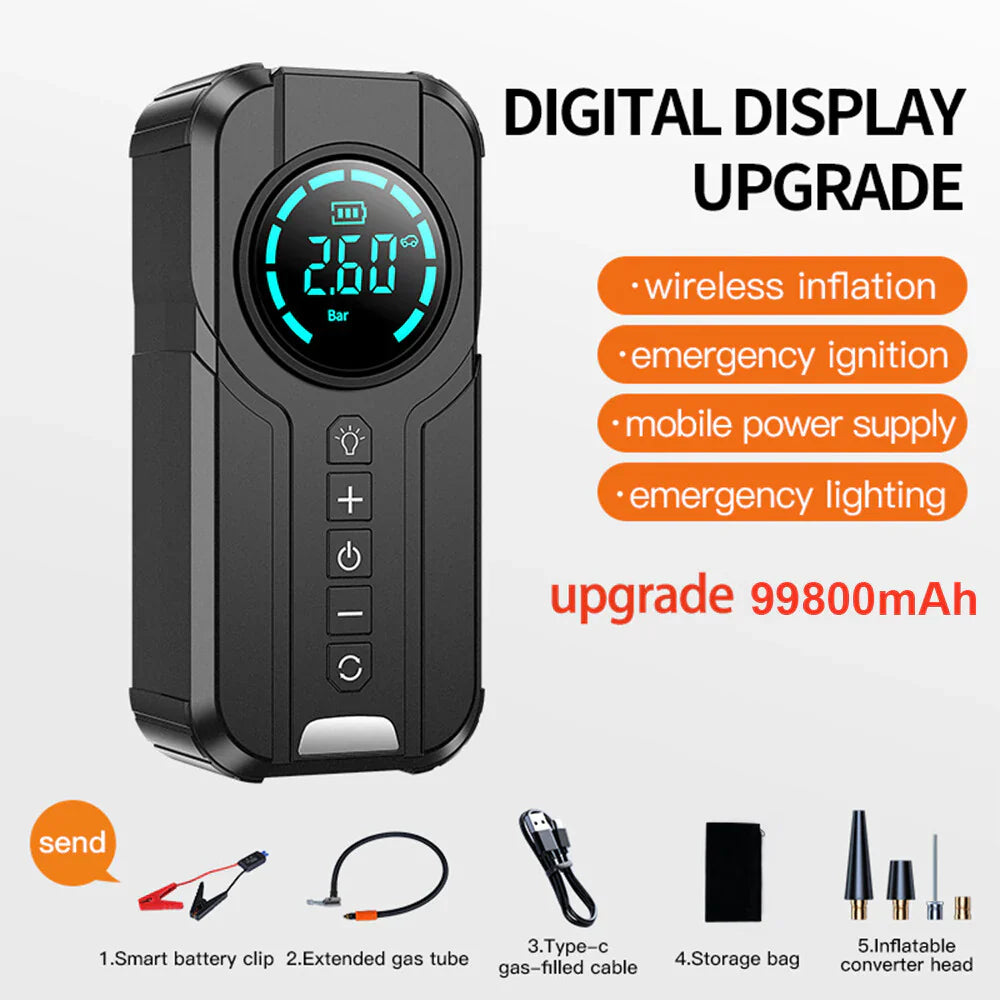 Mini Compresor Auto 5 Funcții – Jump Starter, Manometru Digital, Lanternă și Baterie Externă