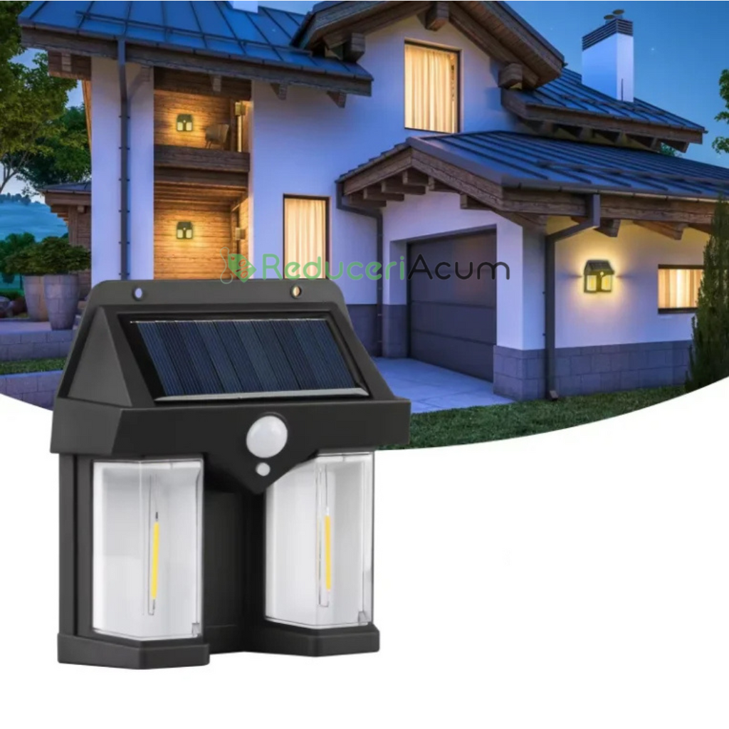 SET 2X Lampa solara de perete dubla CB 228 tip felinar, decorativ, de perete