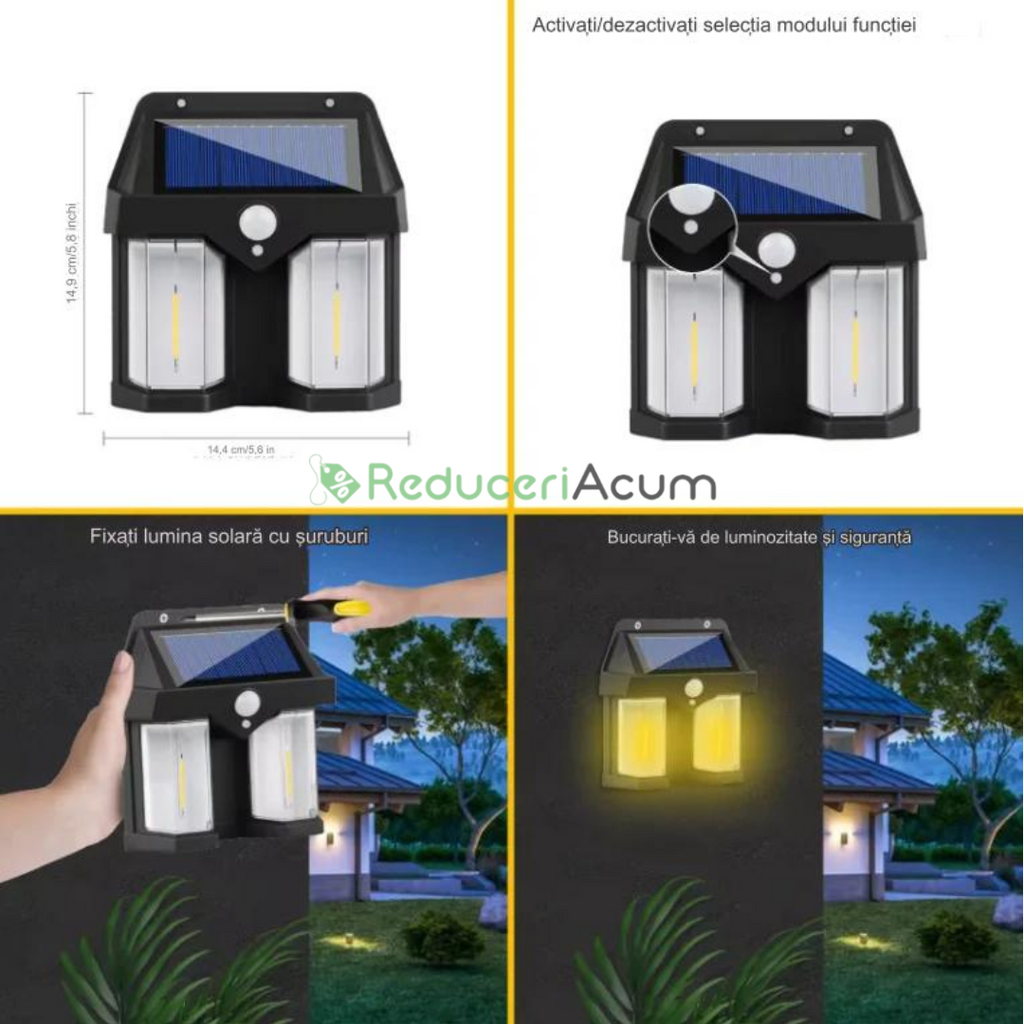 SET 2X Lampa solara de perete dubla CB 228 tip felinar, decorativ, de perete