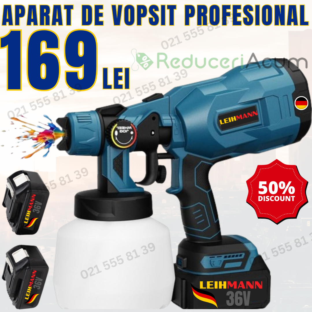 Aparat Profesional De Vopsit Și Zugrăvit LEIHMANN, Electric, Cu Rezervor De Vopsea, 800 ml si 2 Acumulatori, 36V, Portabil
