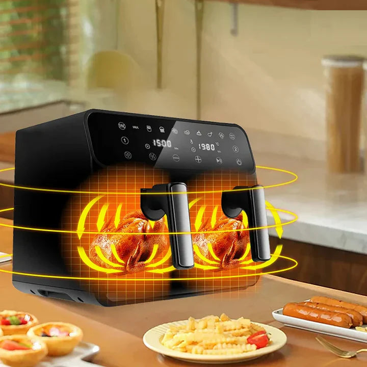 Friteuză Dublă Leihmann Air Fryer 10L, 3000W + CADOU 100 Hârtii de Copt + Pulverizator Ulei/Otet