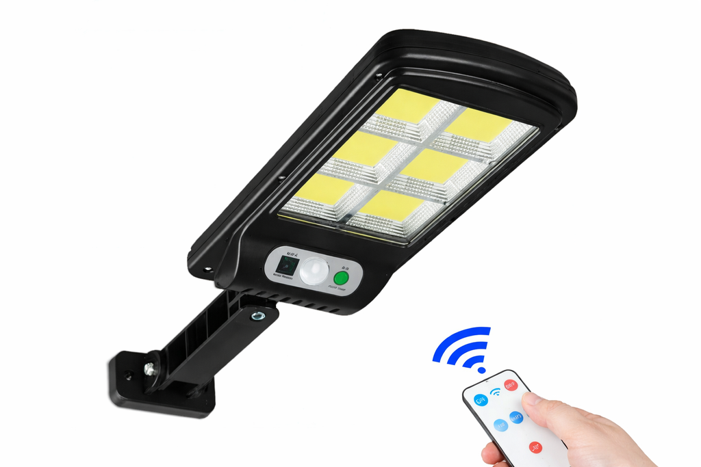 Lampa Solara Stradala 6COB 120 LED, Senzor de Miscare, Panou Solar Incorporat, Telecomanda, IP67 Wateproof, Negru