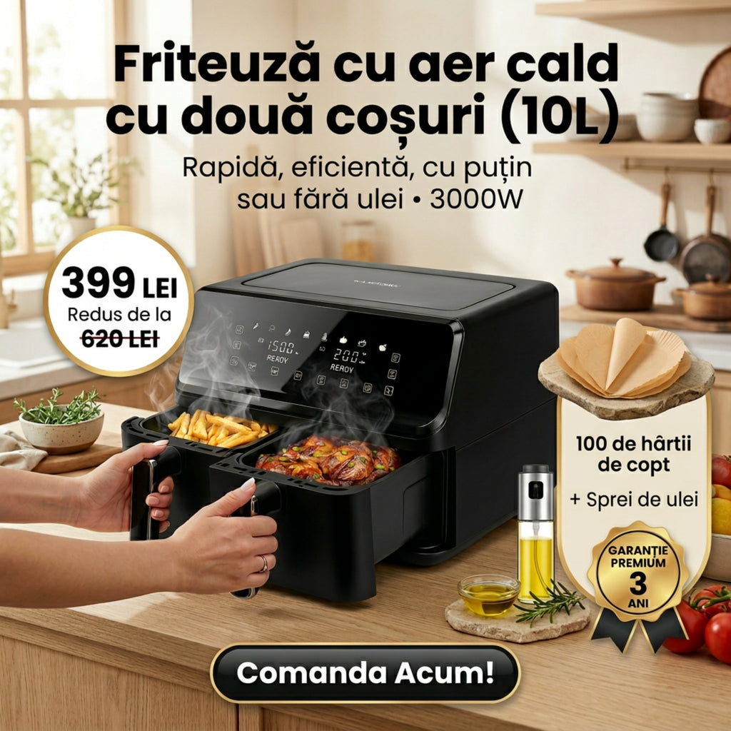 Friteuză Dublă Leihmann Air Fryer 10L, 3000W + CADOU 100 Hârtii de Copt + Pulverizator Ulei/Otet