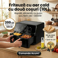 Friteuză Dublă Leihmann Air Fryer 10L, 3000W + CADOU 100 Hârtii de Copt + Pulverizator Ulei/Otet