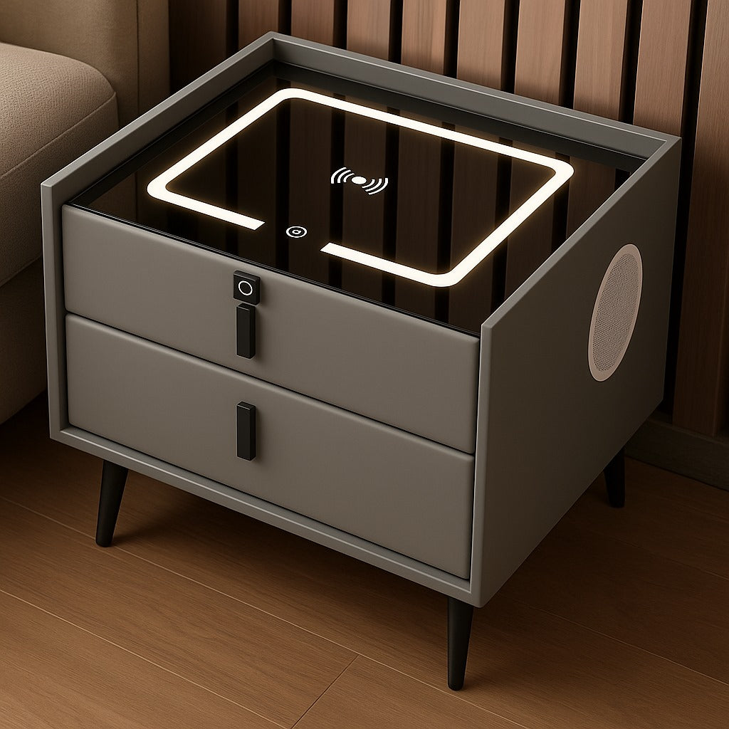 Noptiera cu 2 sertare, blocare sertar cu amprenta, LED , USB, incarcator wireless M1
