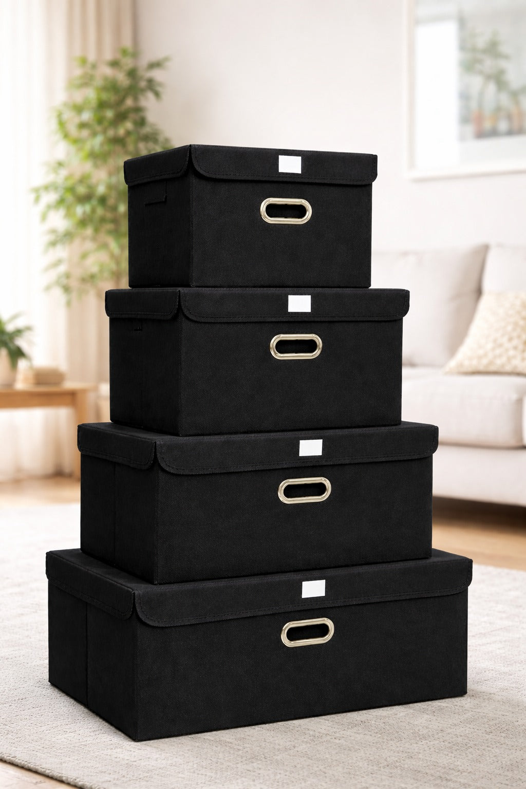 Set 4 cutii de depozitare cu capac, negre, material textil premium