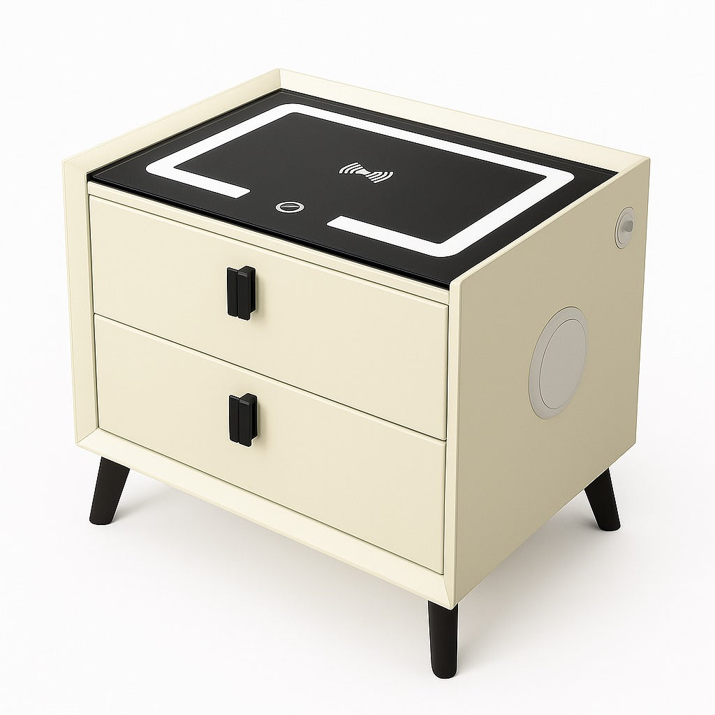 Noptiera crem cu 2 sertare, blocare sertar cu amprenta, LED , USB, incarcator wireless M3