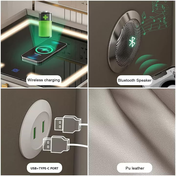 Noptiera portocalie cu iluminare led, 3 sertare, boxa si incarcare wireless M8
