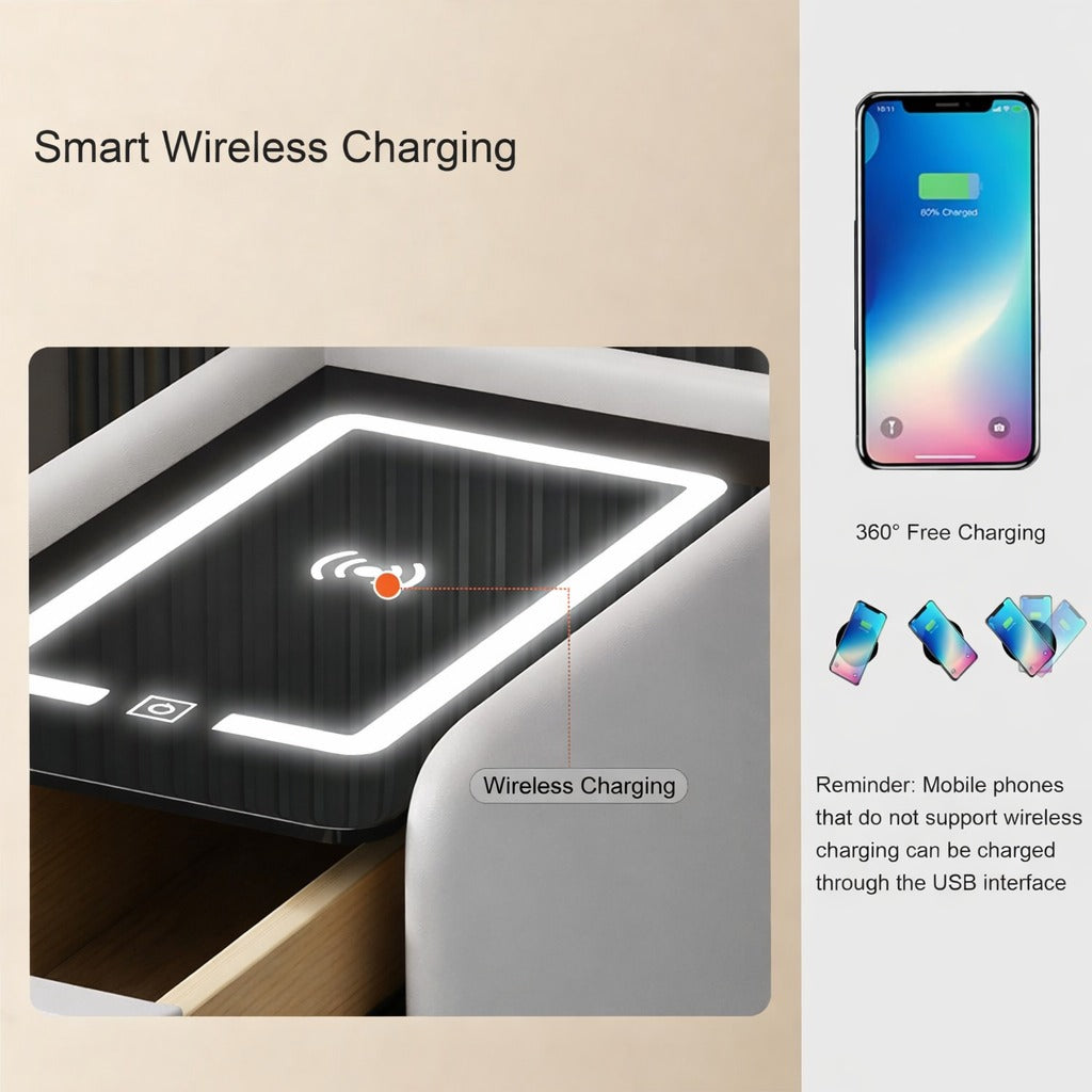 Noptiera inteligenta slim cu incarcare wireless, iluminare LED si 2 sertare culoare gri antracit
