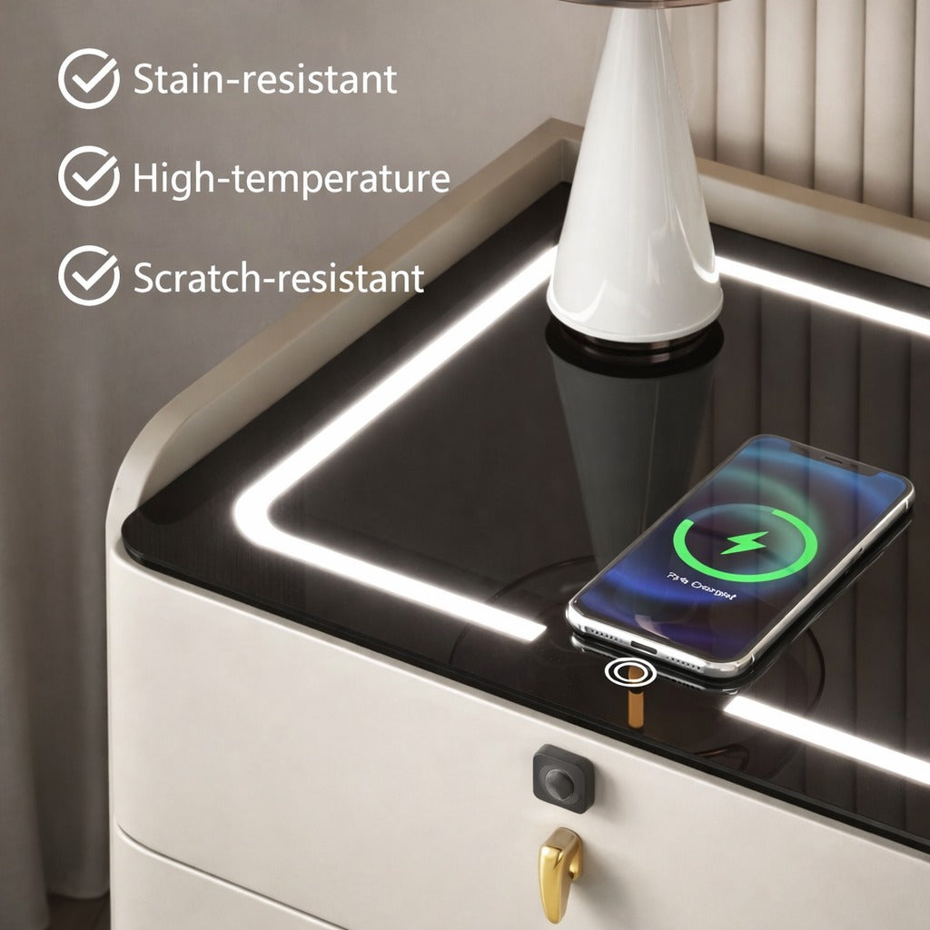 Noptiera alba inteligenta cu incarcare wireless, USB si 2 sertare