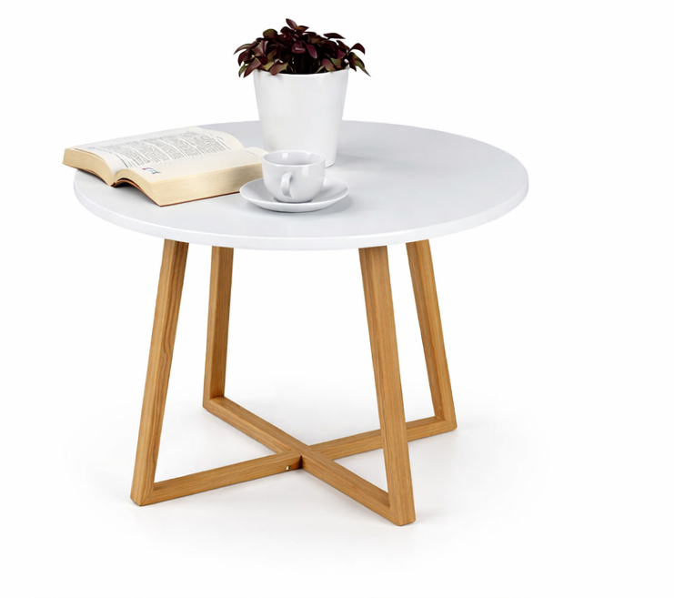Masa laterala rotunda, design minimalist, alb cu maro , pentru living si dormitor