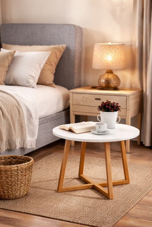 Masa laterala rotunda, design minimalist, alb cu maro , pentru living si dormitor
