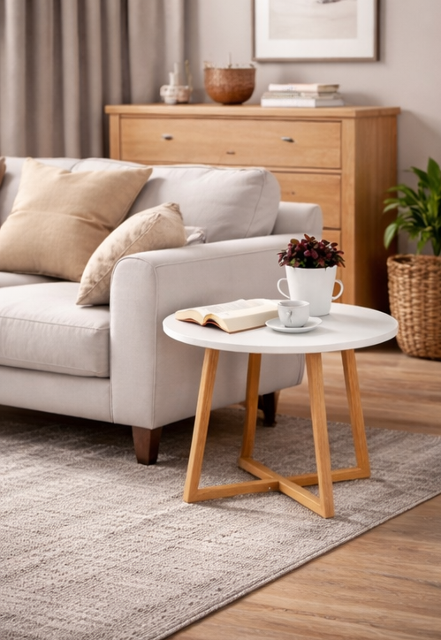 Masa laterala rotunda, design minimalist, alb cu maro , pentru living si dormitor
