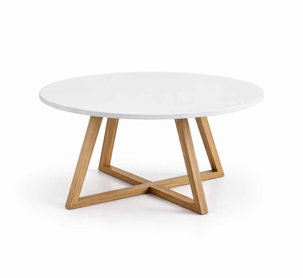 Masa rotunda moderna, structura solida, alb si lemn