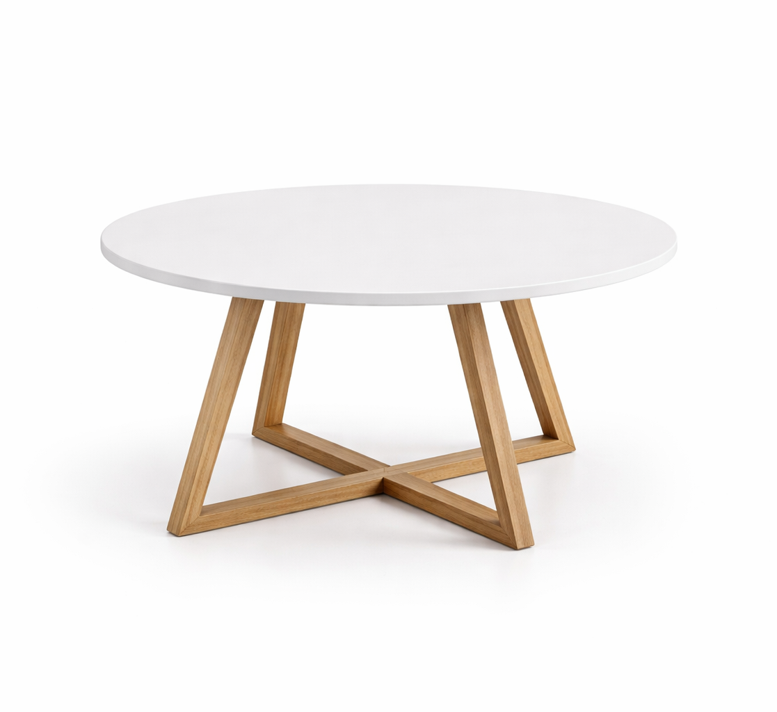 Masa rotunda moderna, structura solida, alb si lemn