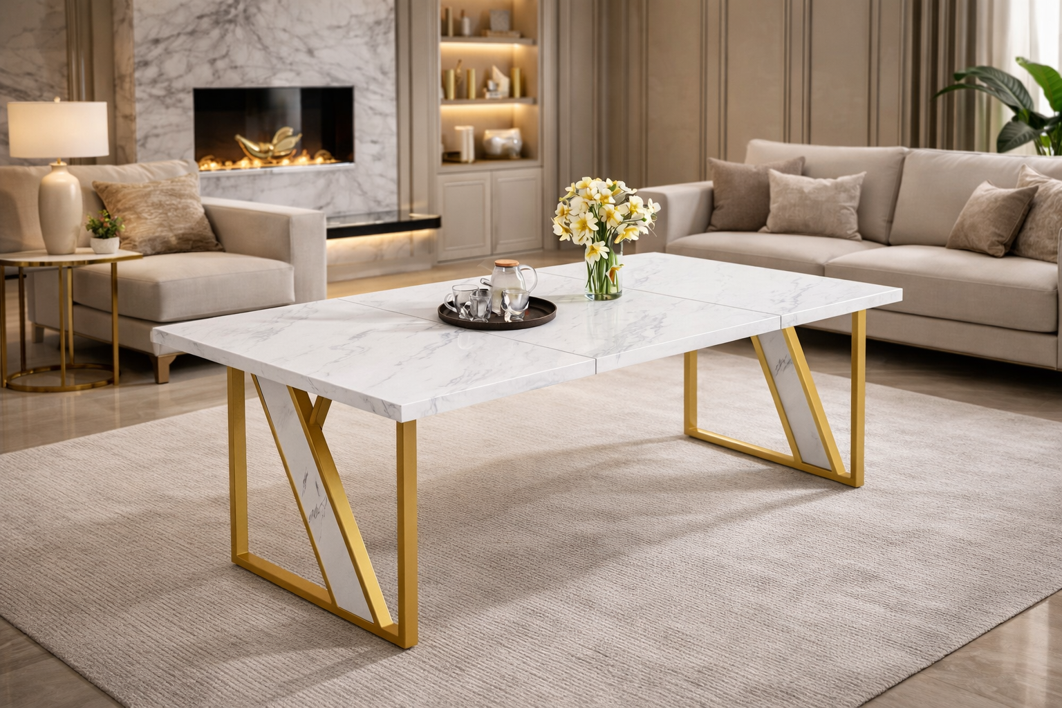 Masa dining moderna, aspect de  marmura 160x80 cm cadru metalic