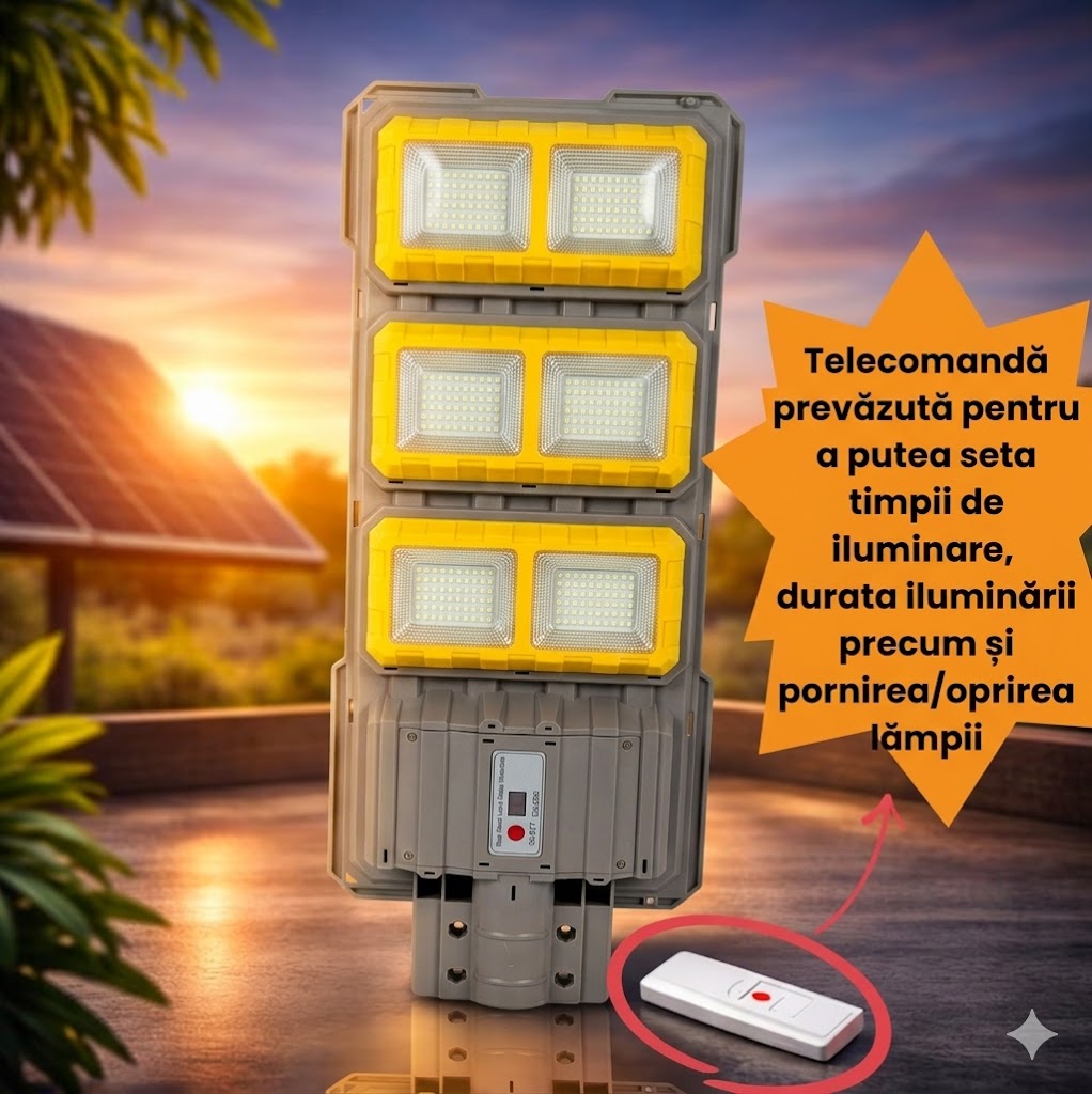 Lampa solara stradala LEIHMANN 3000W, cu 6 COB LED, IP 66 + Suport lampa cadou