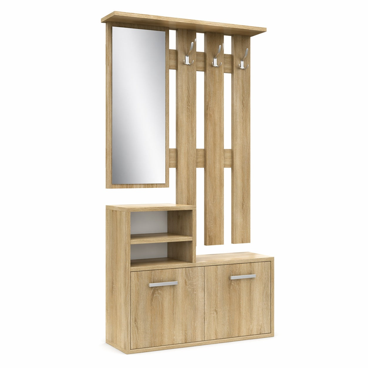Cuier de hol maro,  modern cu oglinda, pantofar și spații de depozitare – design lemn natural