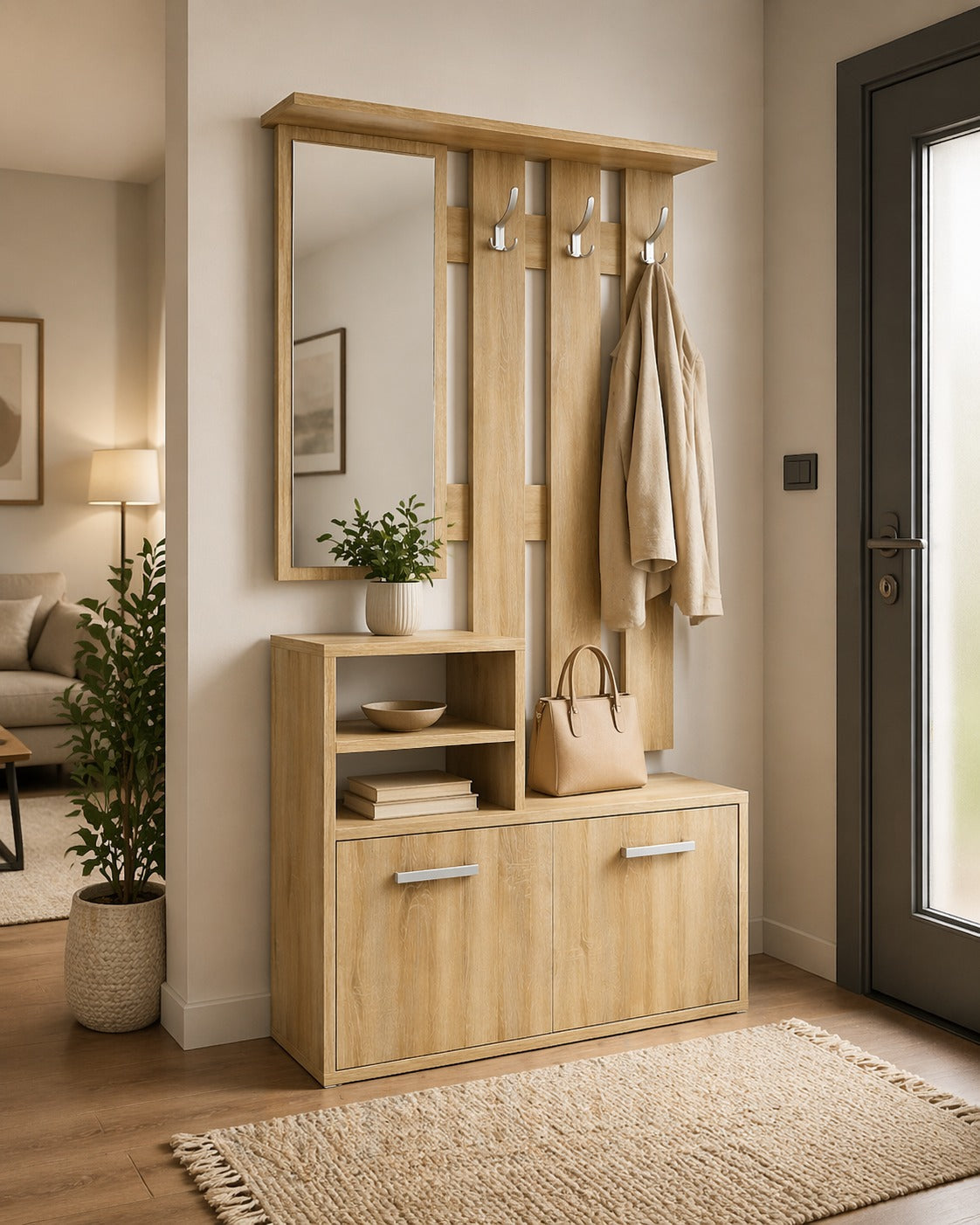 Cuier de hol maro,  modern cu oglinda, pantofar și spații de depozitare – design lemn natural