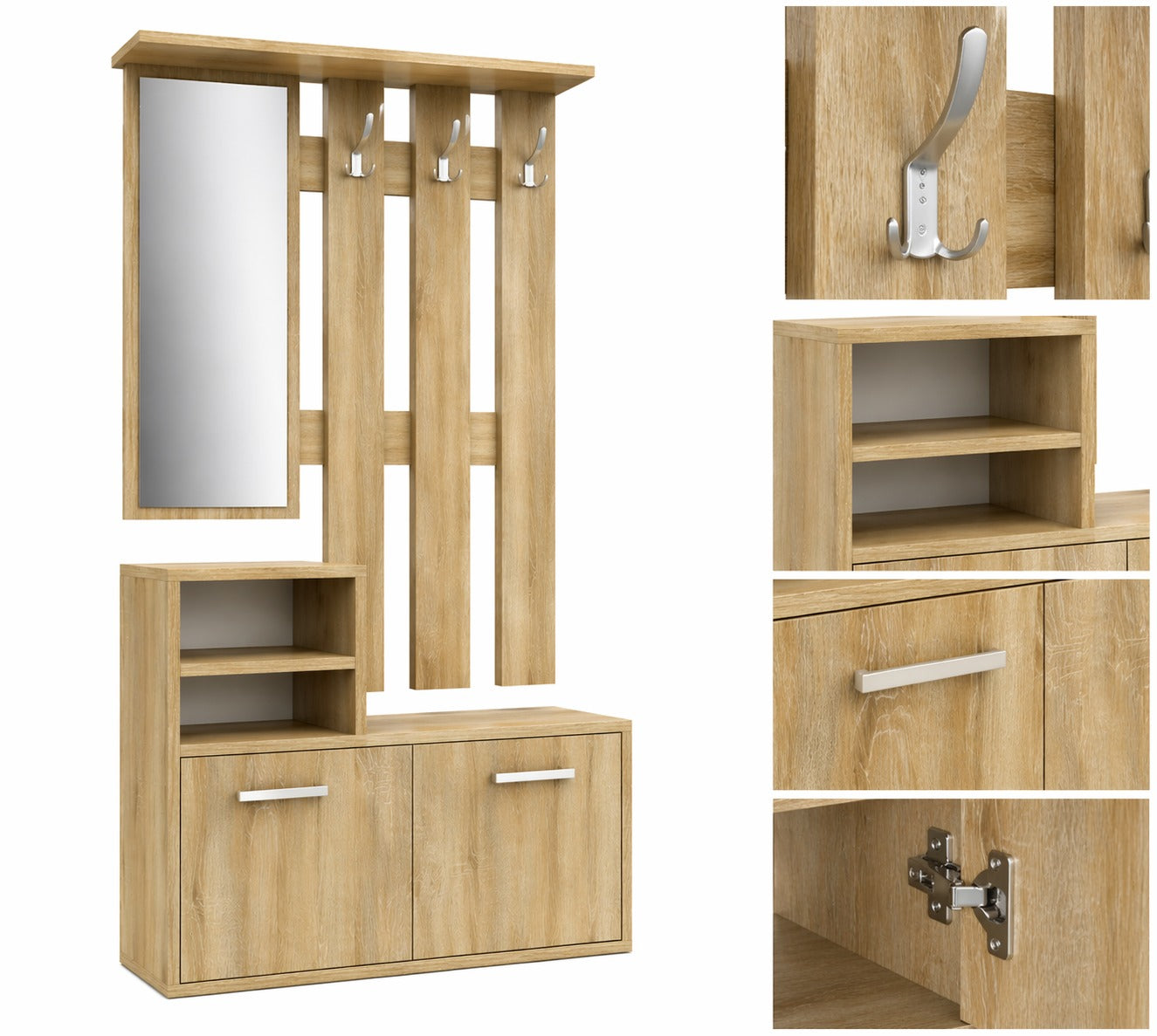Cuier de hol maro,  modern cu oglinda, pantofar și spații de depozitare – design lemn natural