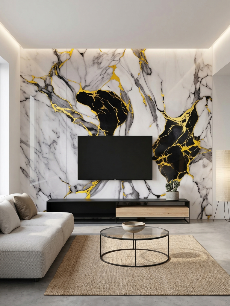 Panou PVC decorativ marmura Auriu,Negru,Alb