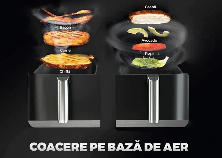 Friteuză Dublă Leihmann Air Fryer 10L, 3000W + CADOU 100 Hârtii de Copt + Pulverizator Ulei/Otet