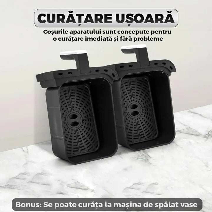 Friteuză Dublă Leihmann Air Fryer 10L, 3000W + CADOU 100 Hârtii de Copt + Pulverizator Ulei/Otet