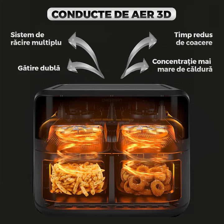 Friteuză Dublă Leihmann Air Fryer 10L, 3000W + CADOU 100 Hârtii de Copt + Pulverizator Ulei/Otet