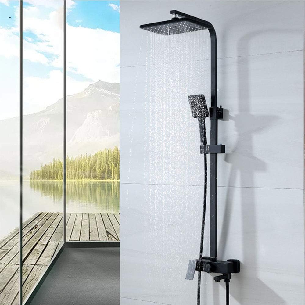 Set coloană duș, negru mat cu cap rotund tip ploaie și duș de mână, sistem complet cu mixer apă caldă/rece, VST92