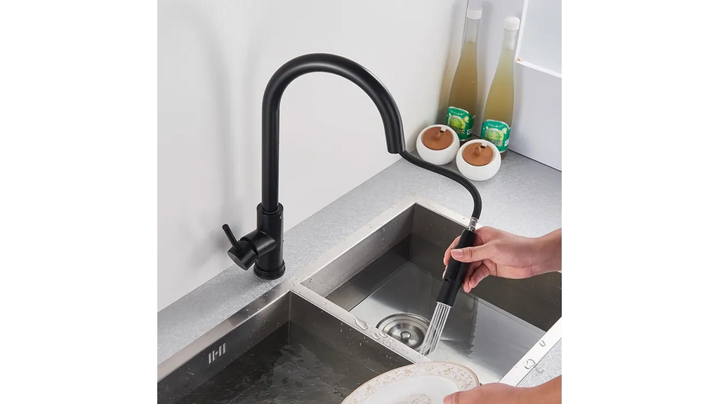 Baterie de Chiuvetă pentru  Bucătărie  – Pipă Retractabilă, Rotativă 360°,  Negru, VST124