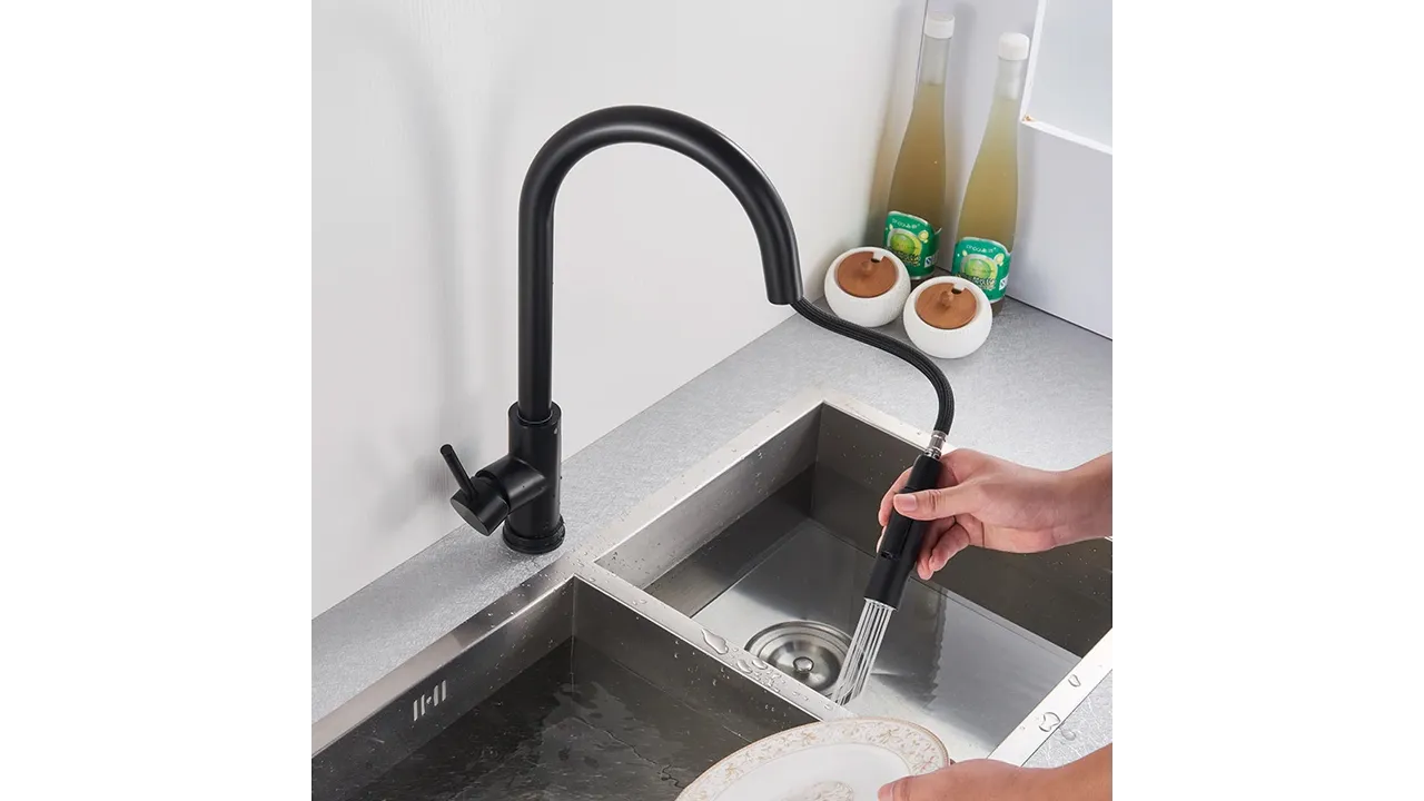 Baterie de Chiuvetă pentru  Bucătărie  – Pipă Retractabilă, Rotativă 360°,  Negru, VST124