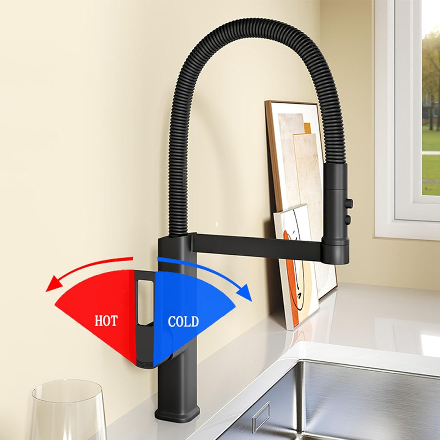 Baterie Bucătărie Negru Mat, 49 cm, Cu Duș Extractibil și Rotire 360°, VST57