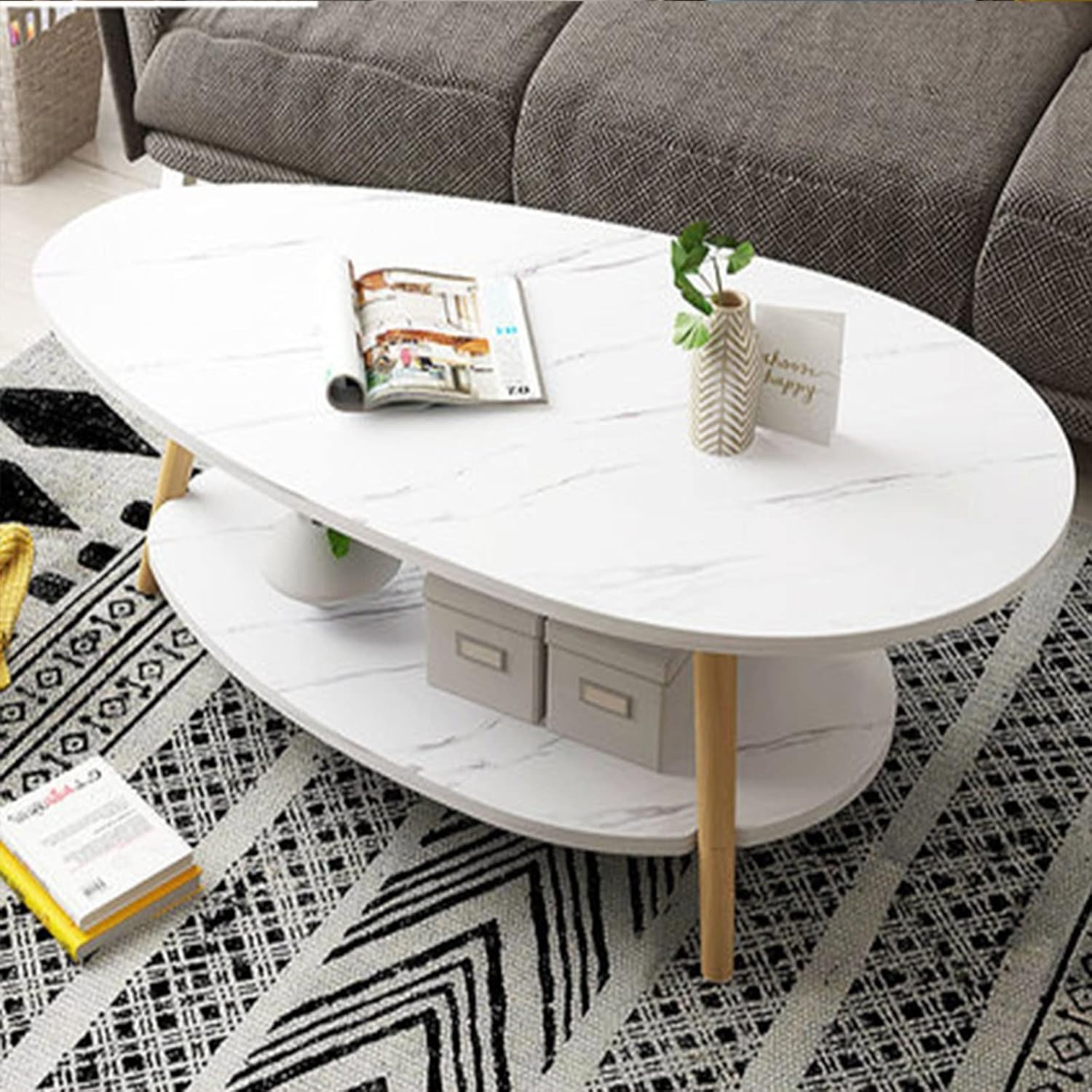 Masă de cafea modernă tip picătură, 2 niveluri, 90x48x42 cm, gri, pentru living