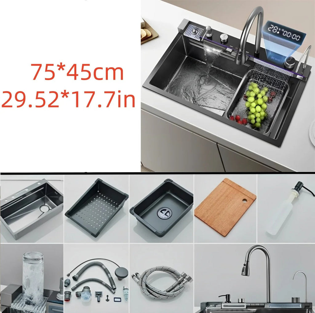 [LICHIDARE STOC] Chiuveta Inteligenta cu LED Ambiental, display digital, cap extensibil cu 3 jeturi, Accesorii, Gri Antracit