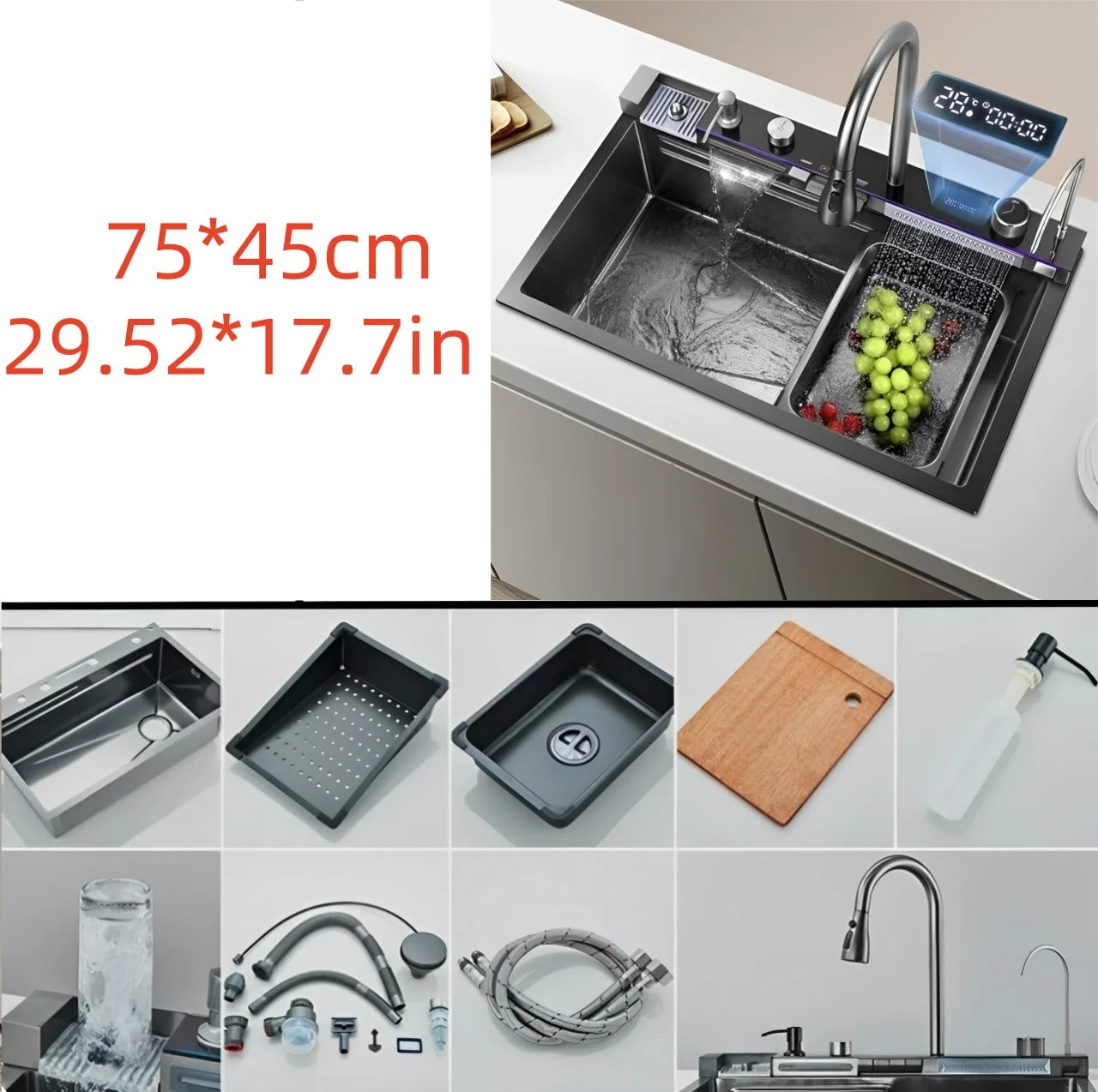 [LICHIDARE STOC] Chiuveta Inteligenta cu LED Ambiental, display digital, cap extensibil cu 3 jeturi, Accesorii, Gri Antracit