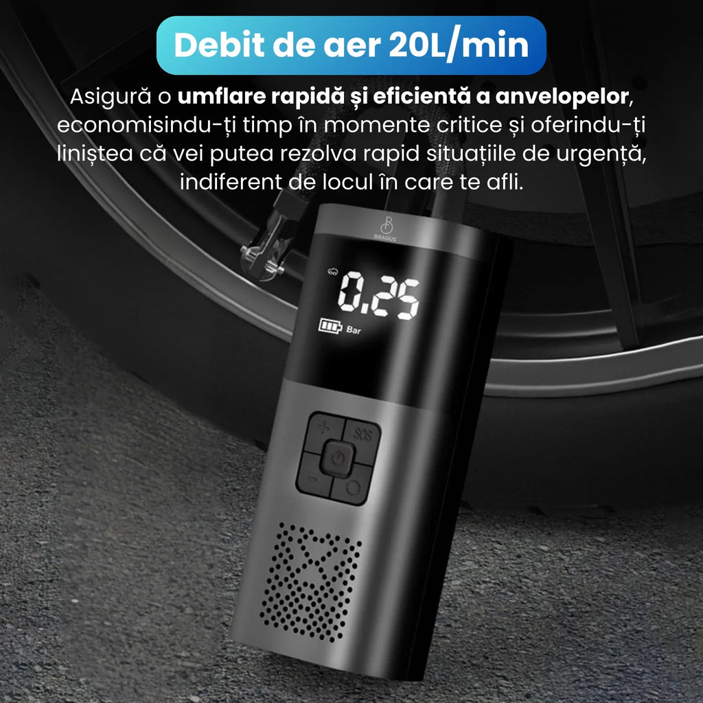 Mini Compresor Auto 3-în-1 cu Baterie 6000mAh – Pompa Digitală 150 PSI, Powerbank și Lanternă LED pentru Anvelope