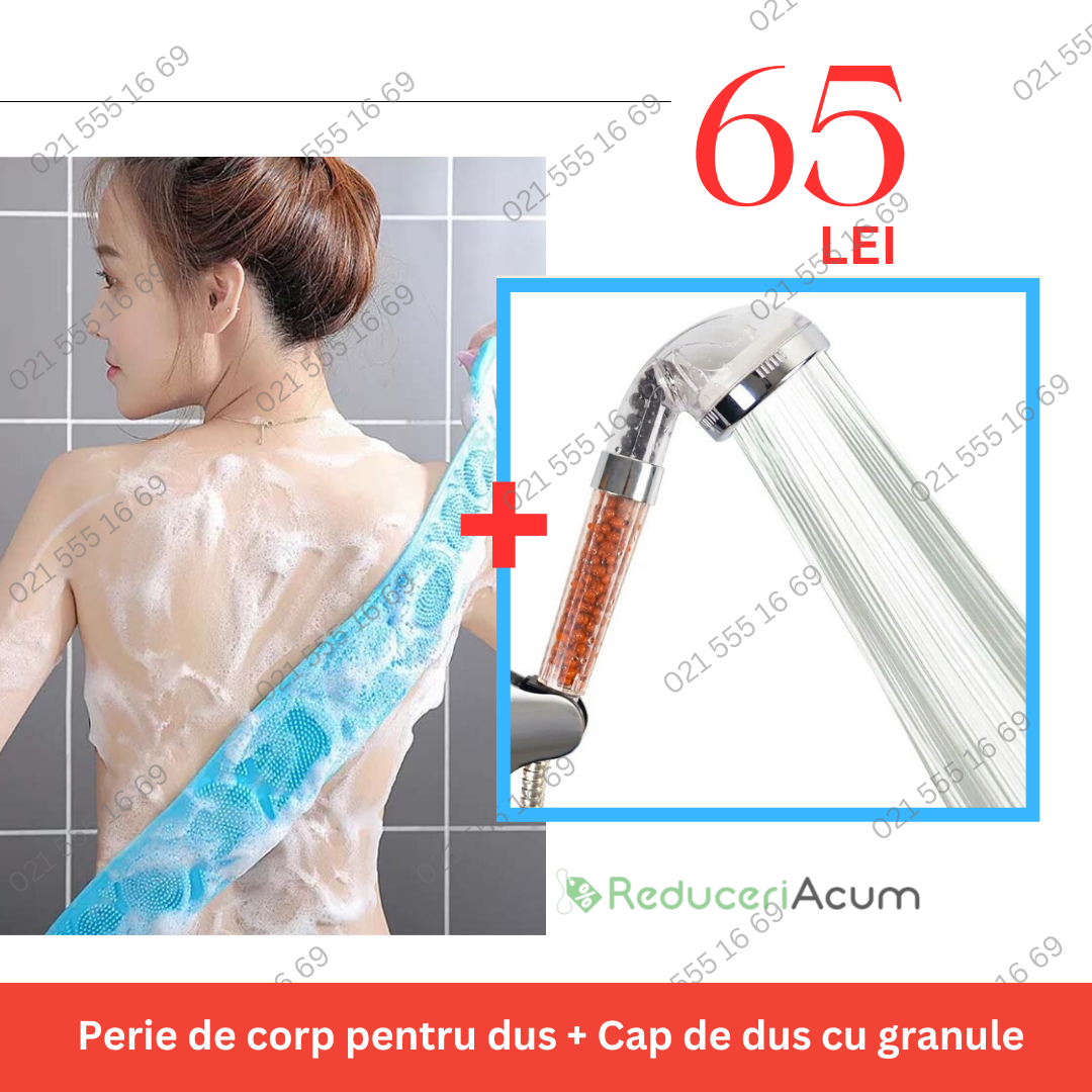 Pachet! Perie de corp pentru dus + Cap de dus cu granule
