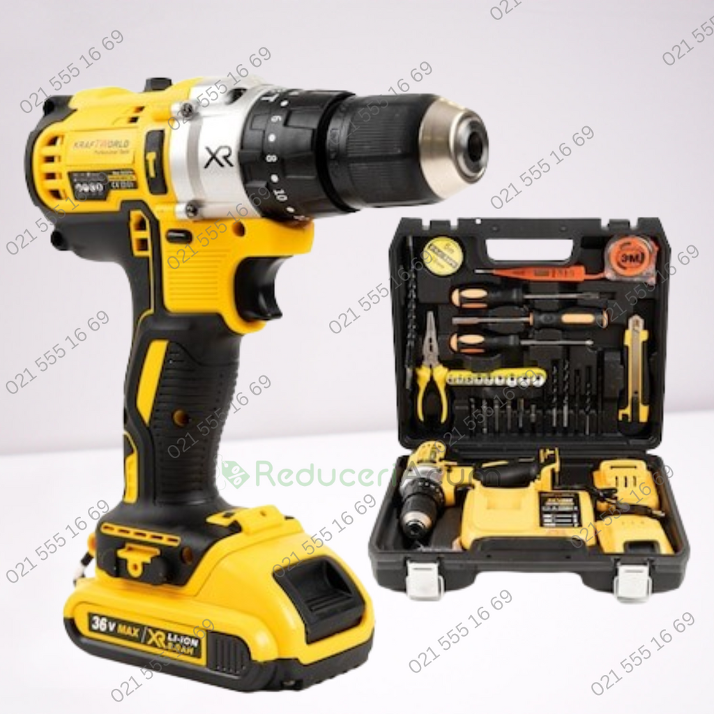 Trusa bormasina LEIH MANN, 2 acumulatori, 36V, 5Ah, incarcator si 30 accesorii, galben