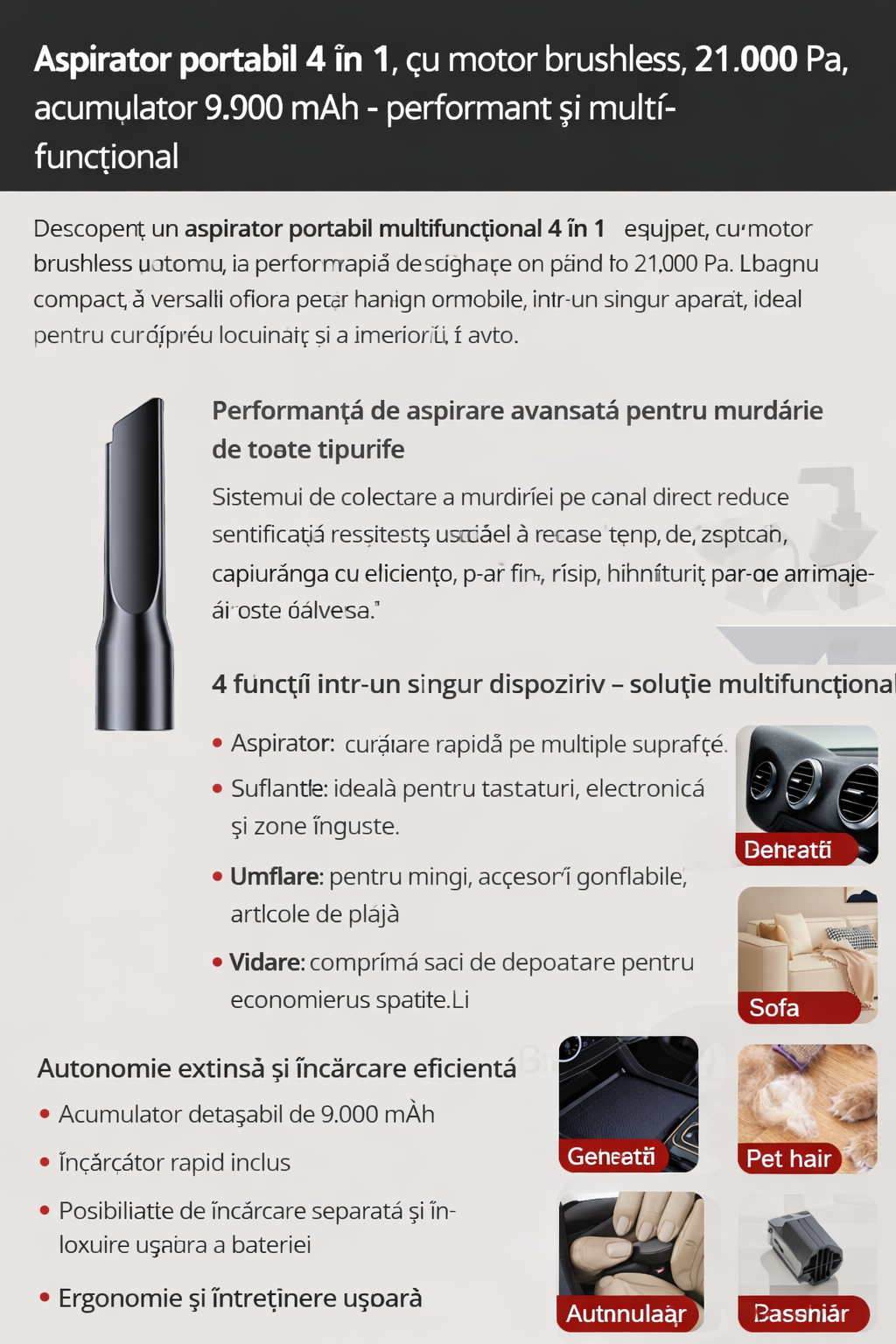 Aspirator portabil 4 în 1 cu motor brushless, 21.000 Pa, acumulator 9.000 mAh – putere mare de aspirare și autonomie extinsă