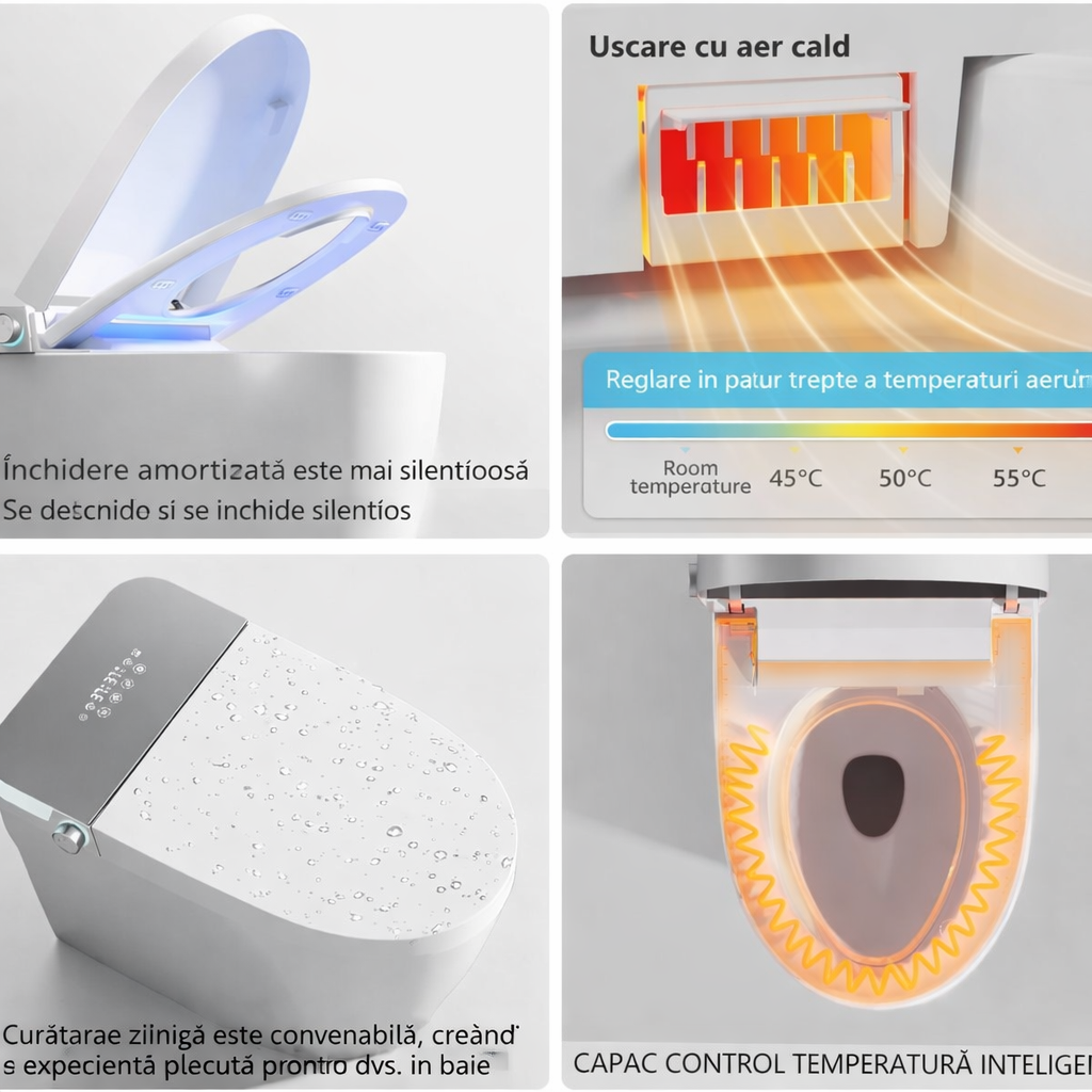 Vas Toaletă Inteligent scurgere orizontal cu Spălare Automată, Scaun Încălzit și Uscare cu Aer Cald, inchidere/deschidere automata, scurgere laterala
