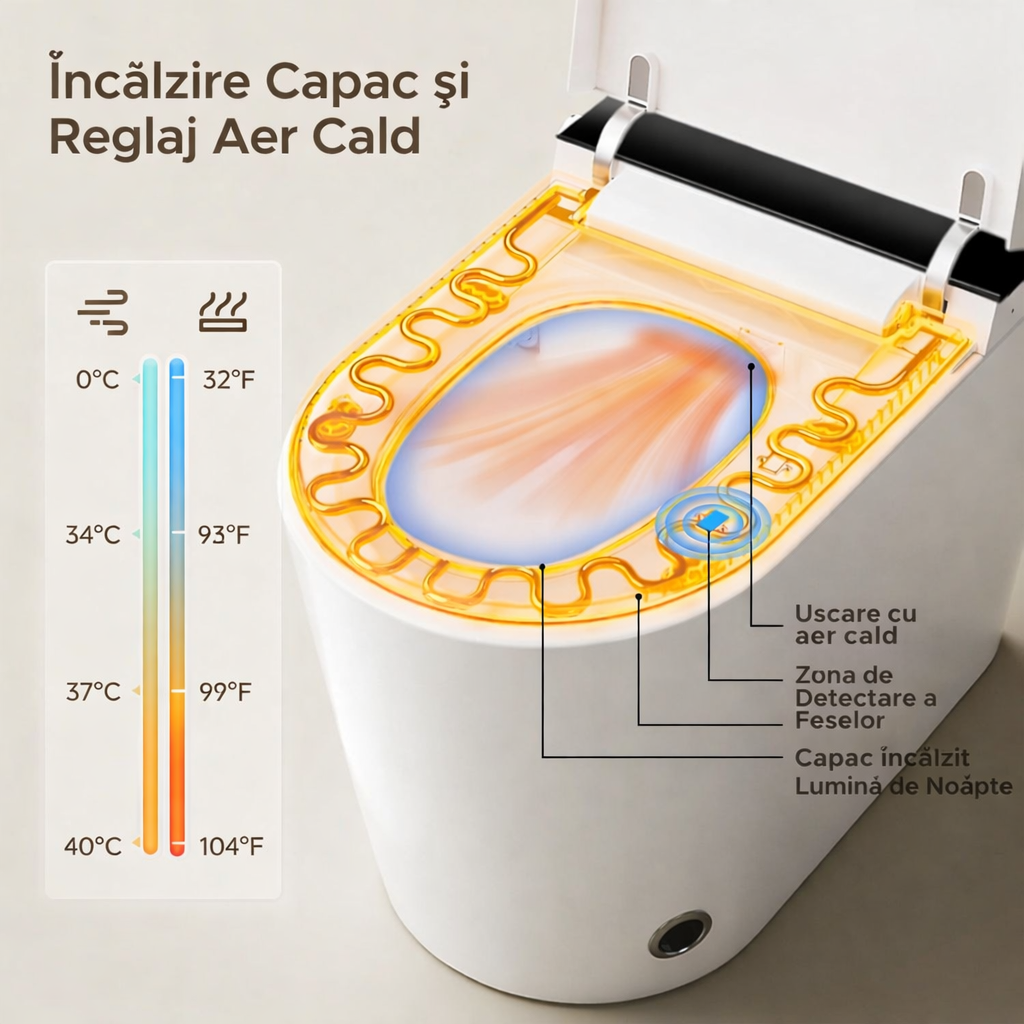 Vas Toaletă Inteligent scurgere orizontal cu Spălare Automată, Scaun Încălzit și Uscare cu Aer Cald, inchidere/deschidere automata, scurgere laterala