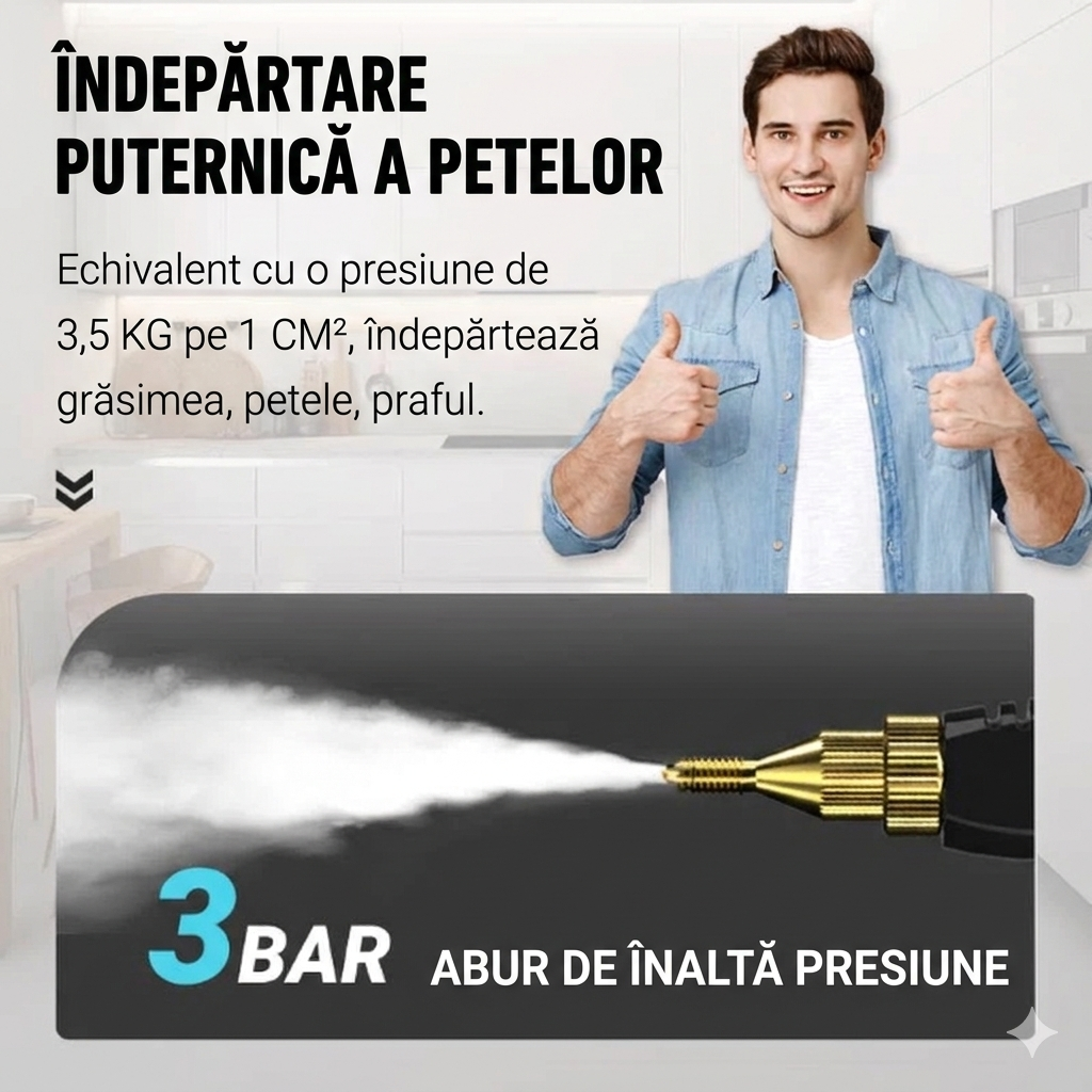 Curățător cu abur sub presiune 2500W, 3 BAR, rezervor 1L, 105°C – aparat profesional pentru curățare fără chimicale