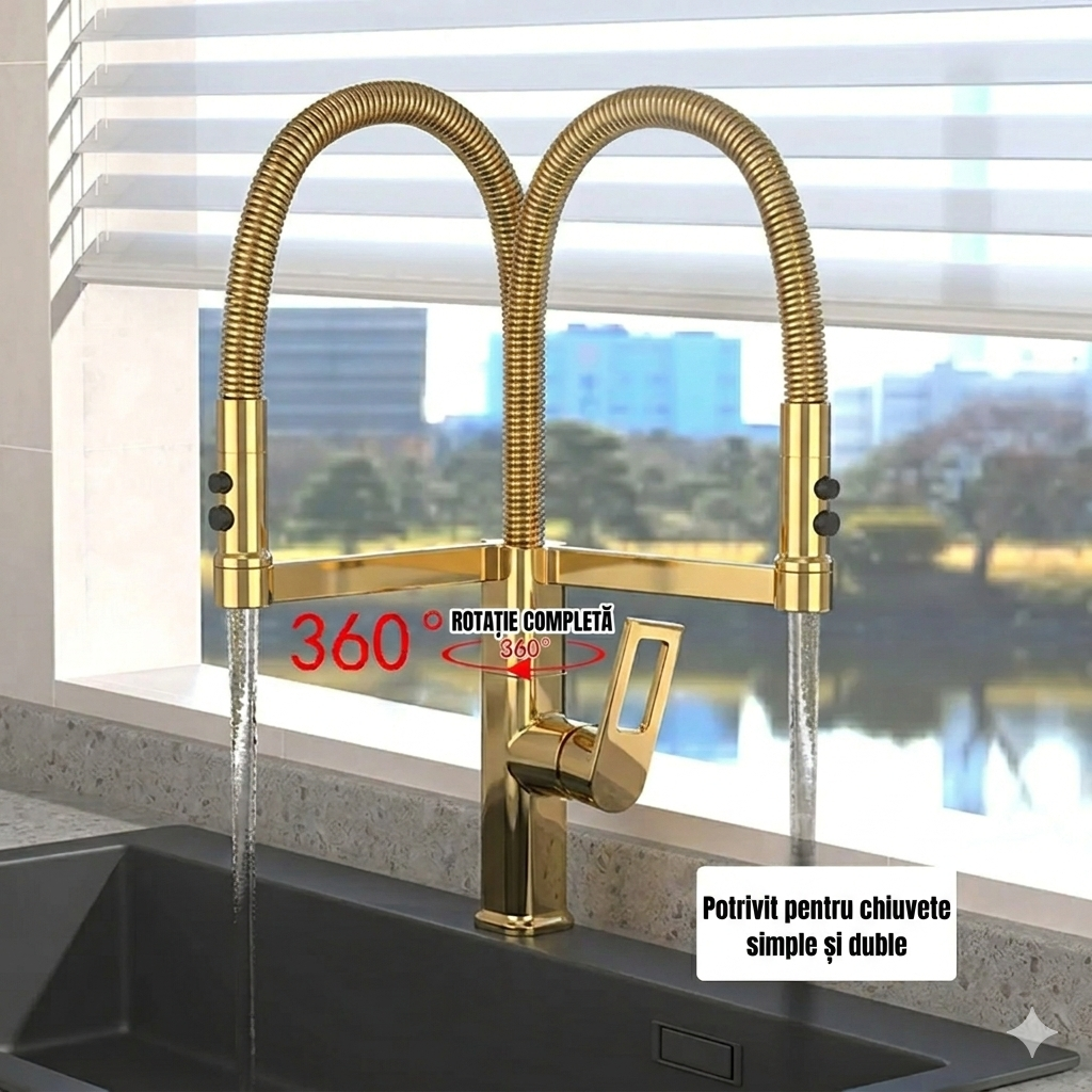 Baterie Bucătărie auriu 49 cm cu Duș Extractibil și Rotire 360° – Design Modern și Funcționalitate Superioară, vst58