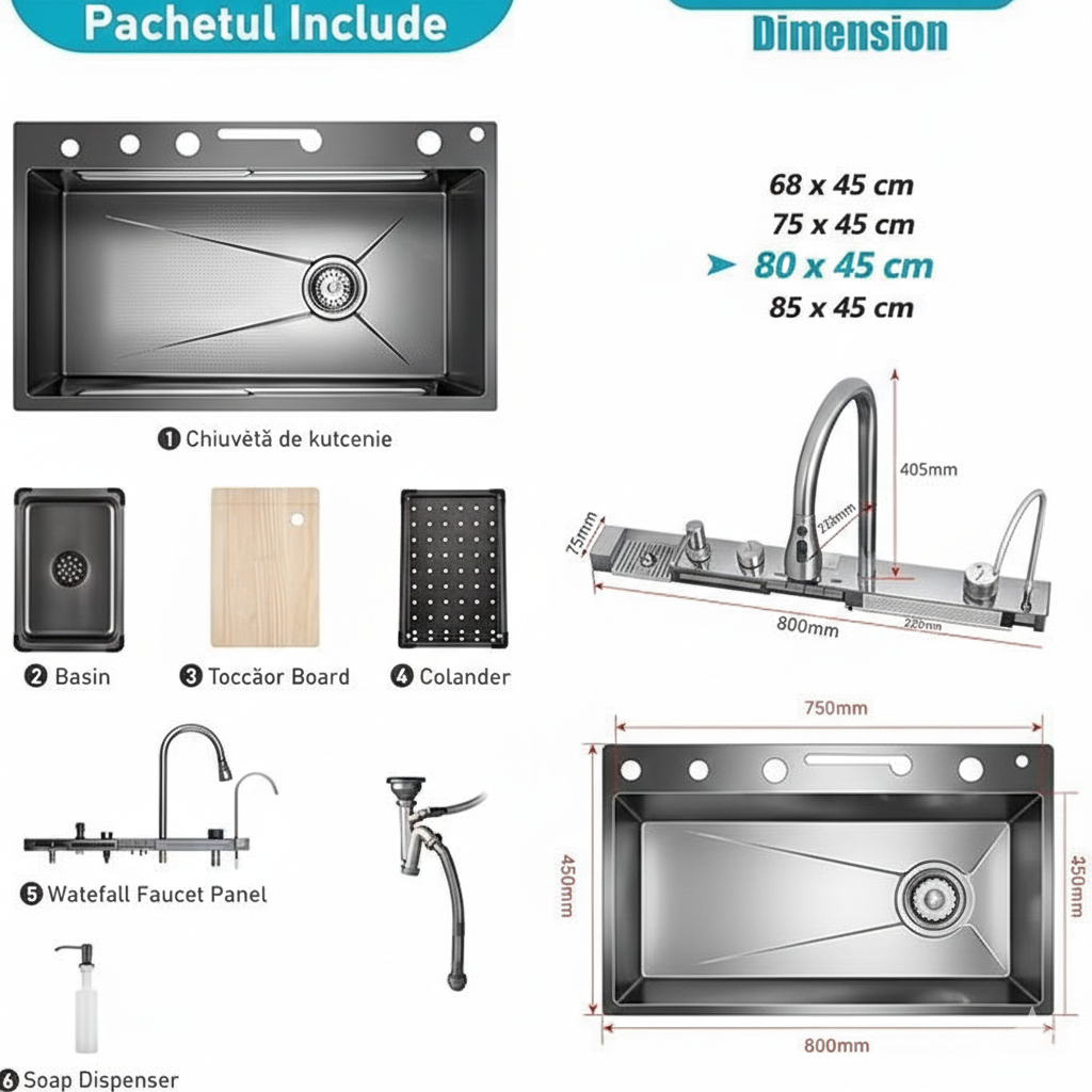 [ LICHIDARE STOC ] Chiuveta inteligenta, Culoare Chrom lucios, LED Ambiental, Display digital, 75x45 cm