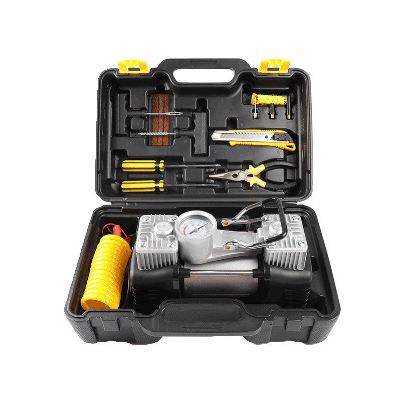 Compresor Auto 12V cu 2 Cilindri + Kit Pană și 7 Accesorii – Umflare Rapidă Anvelope