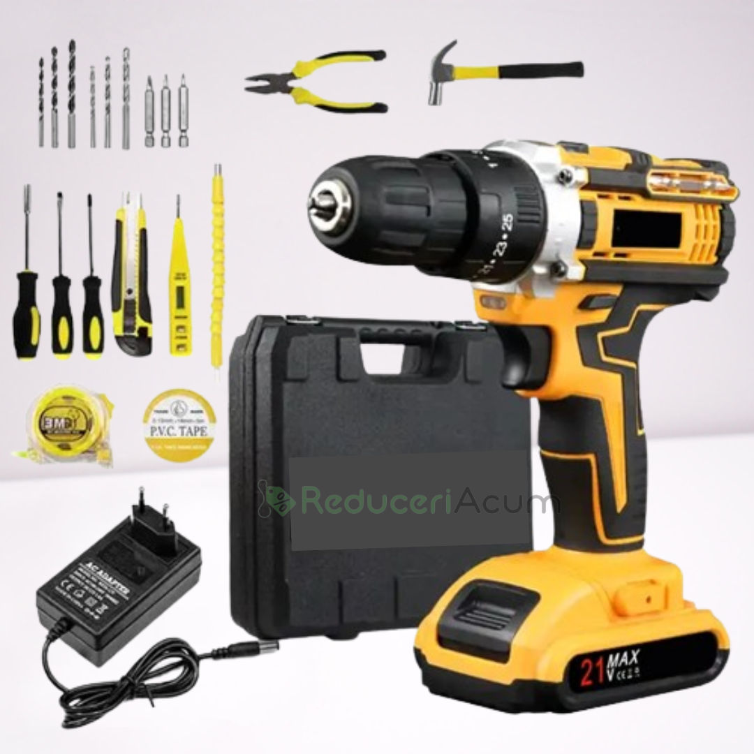 Trusa bormasina LEIH MANN, 2 acumulatori, 36V, 5Ah, incarcator si 30 accesorii, galben