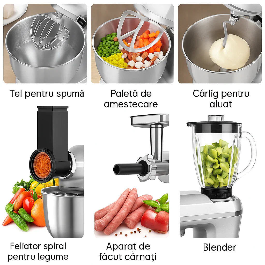 Robot Multifuncțional 1400W, 5.5L, Mixer + Blender + Tocător, Ideal pentru Patiserie și Smoothie-uri