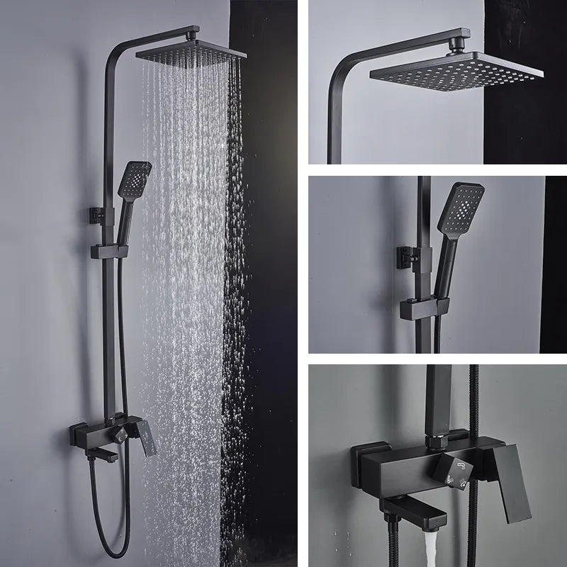 Set coloană duș, negru mat cu cap rotund tip ploaie și duș de mână, sistem complet cu mixer apă caldă/rece, VST92