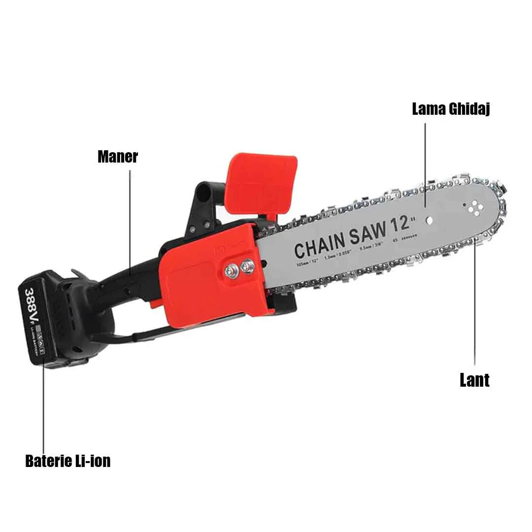 Mini drujbă electrică 12 inch cu lanț, 48V, 2 acumulatori Lithium, 4800 RPM, drujbă portabilă pentru grădină și lemne