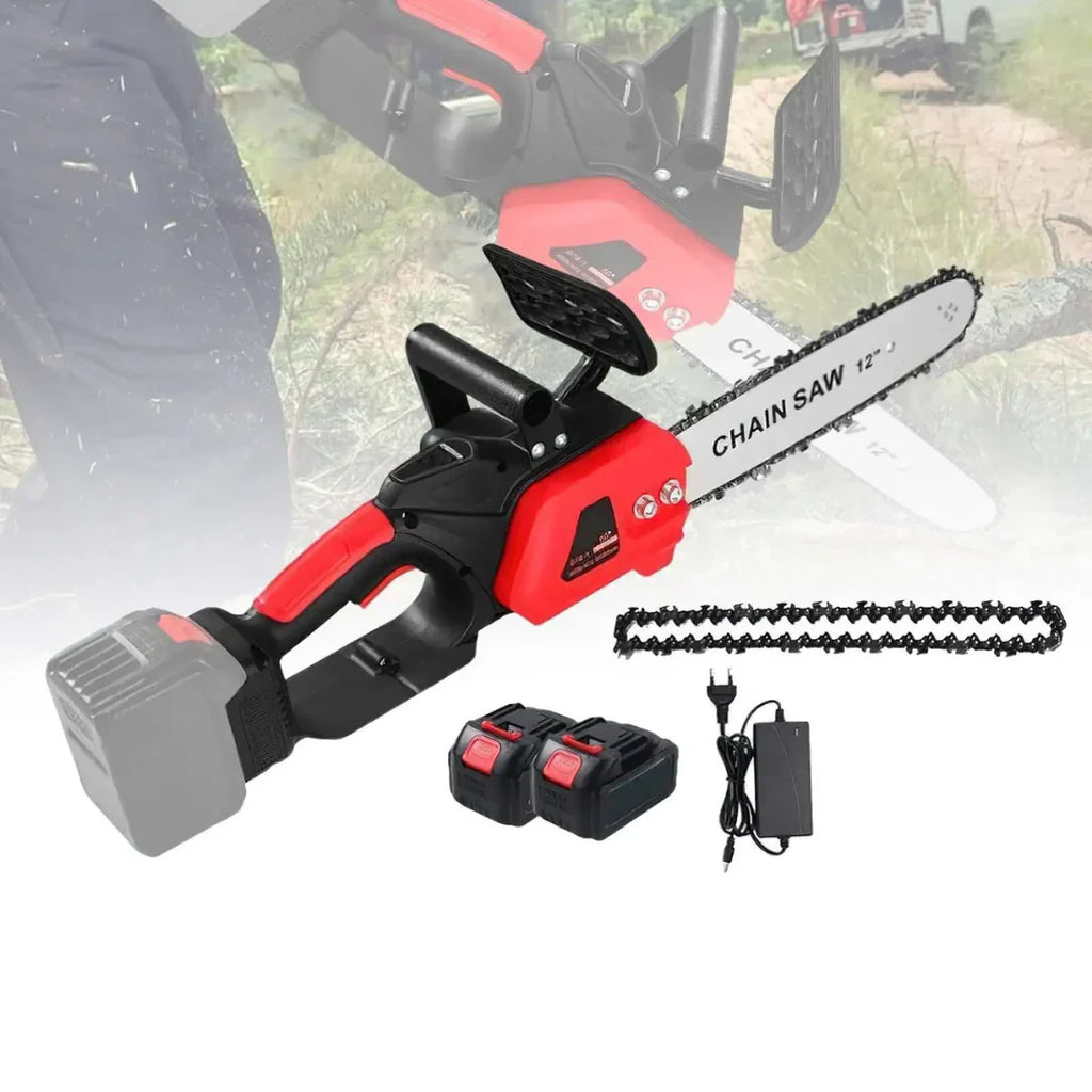 Mini drujbă electrică 12 inch cu lanț, 48V, 2 acumulatori Lithium, 4800 RPM, drujbă portabilă pentru grădină și lemne